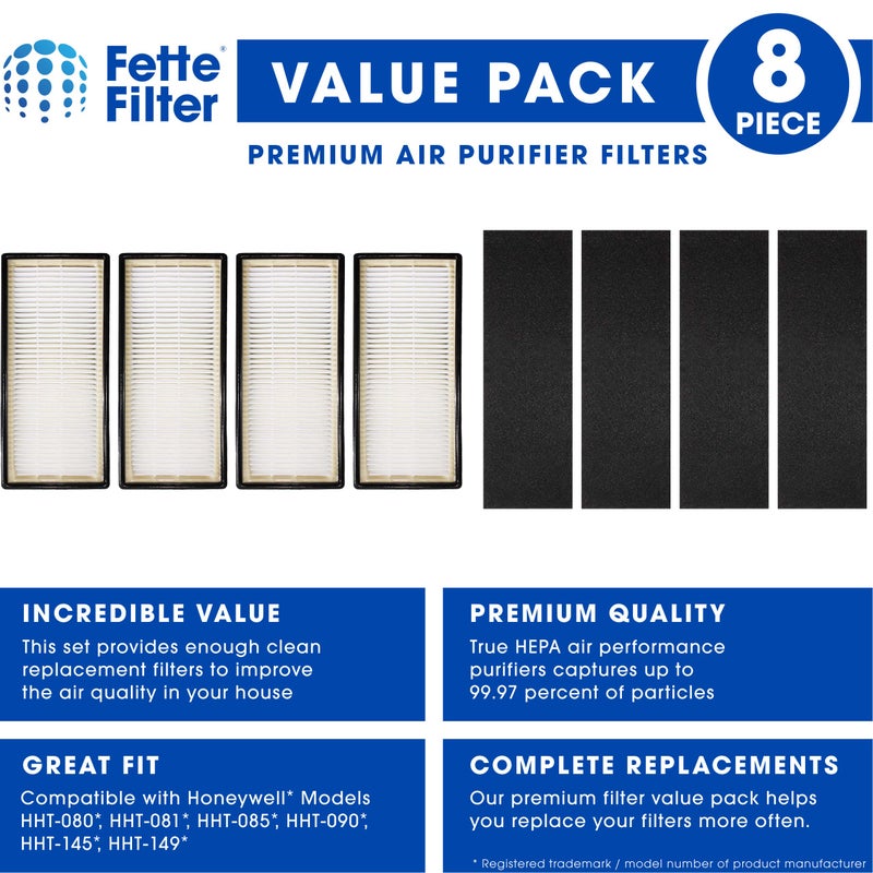 Fette Filter - Air Purifier Filter Compatible with Honeywell HEPAClean Air Purifier Replacement Filter C Pack of 4 HEPA + 4 Pre-Filters for Models HHT-080, HHT-081, HHT-085, HHT-090, HHT-145, HHT-149 - Image 2